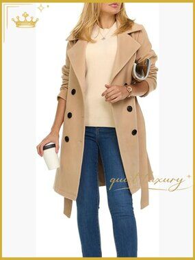 Double-Breasted Faux Wool Trench Coat with Belt - Long Winter Coat